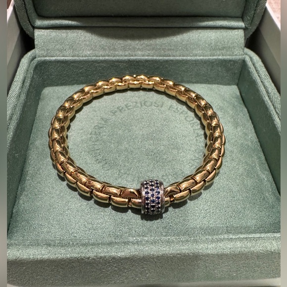 Fope Jewelry - Fope Flexit Eka Bracelet Yellow Gold with White Gold Blue Sapphire Rondel Sz: 17